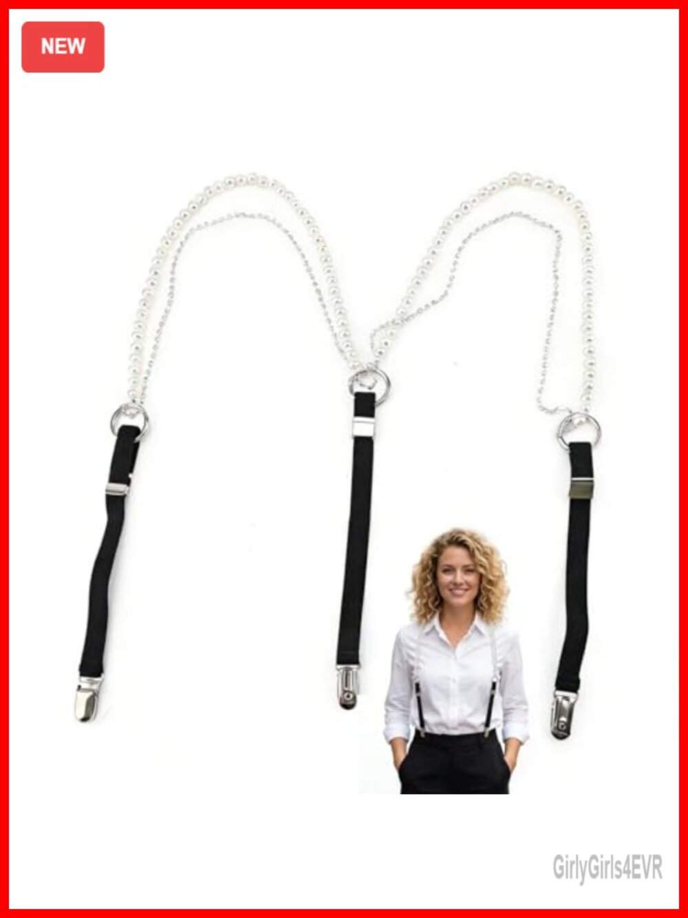 Pearl Rhinestone Y-Shape Suspenders Adjustable Elastic 3 Metal Clips